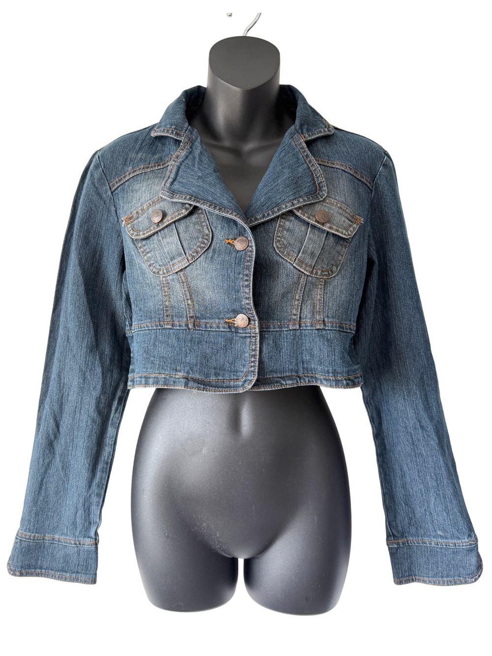 Vintage Denim Cropped Jacket Dark Wash Long Sleeve Womens Large Y2K Scalloped